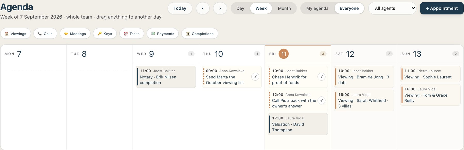 The team’s week in the agenda: viewings, valuations, tasks and a notary appointment.