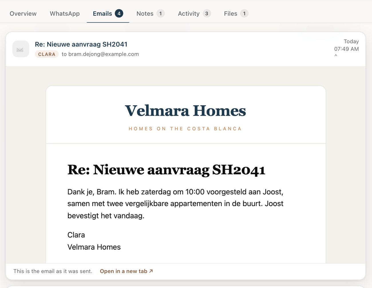 The card’s Emails tab: the assistant’s replies to Bram, in Dutch, from the agency’s address.