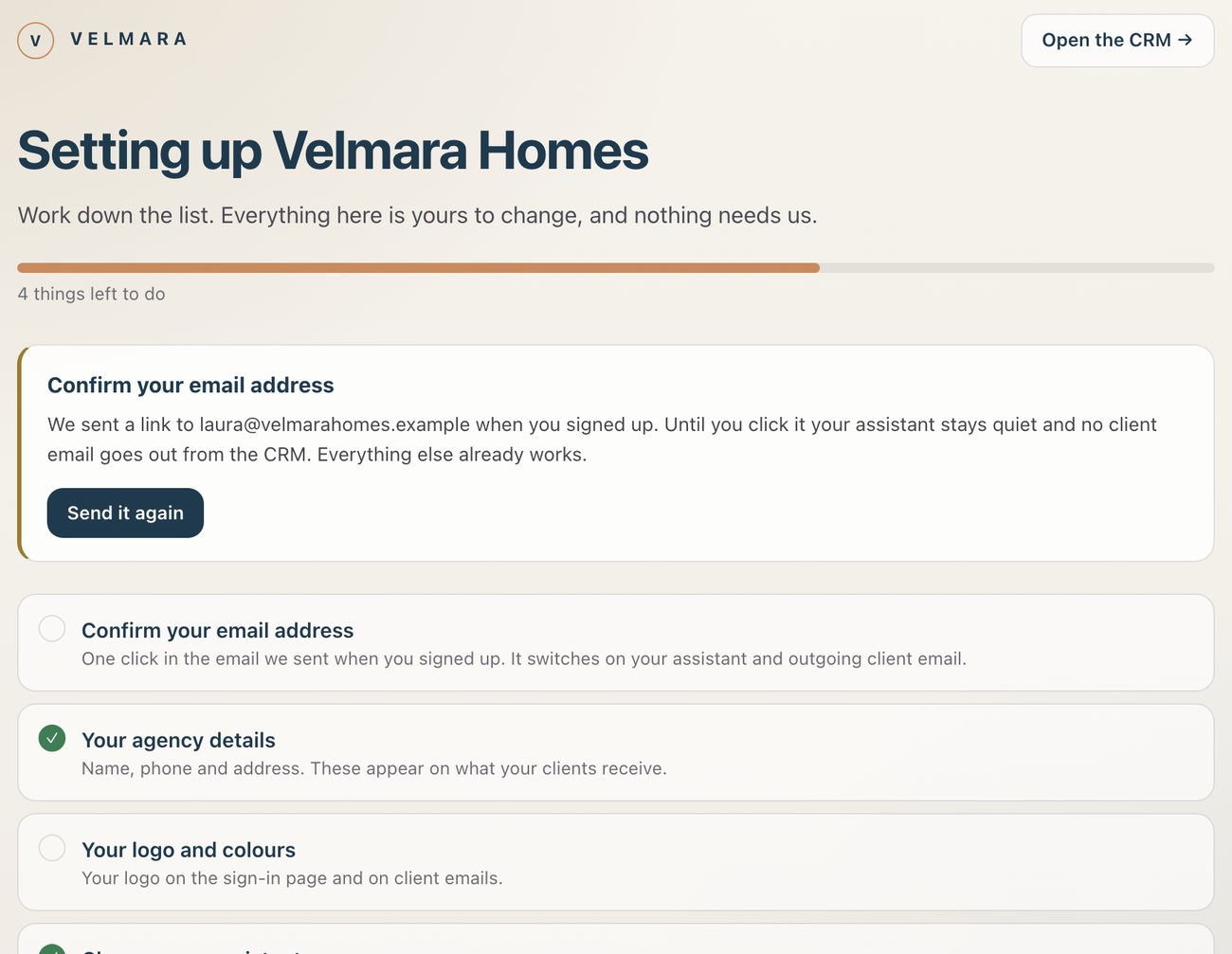 The agency’s own setup page: its name, its assistant, its domain and its mailbox, nothing of ours.